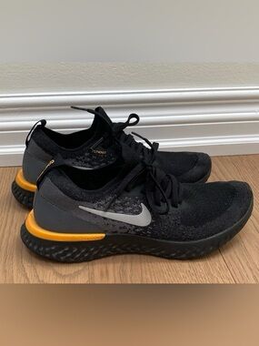Nike Epic React Flyknit 2 Black and Gray Sneakers with Orange Detail, 6 1/2 or 7